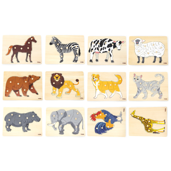 VIGA Zestaw Puzzle Drewniane 12 Układanek Zwierzątka Montessori + Stoj