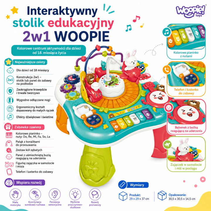 WOOPIE BABY Stolik Edukacyjny Interaktywny 2w1 Pianinko Dźwięki