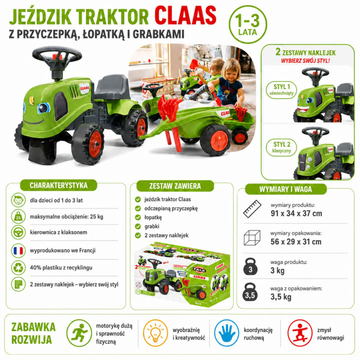 FALK Traktorek Baby Claas Zielony z Przyczepką + akc. od 1-3 lat