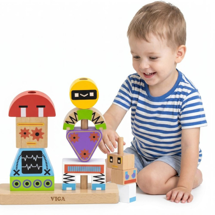 VIGA Drewniana Układanka Montessori Roboty Piramidka Klocki Edukacyjne