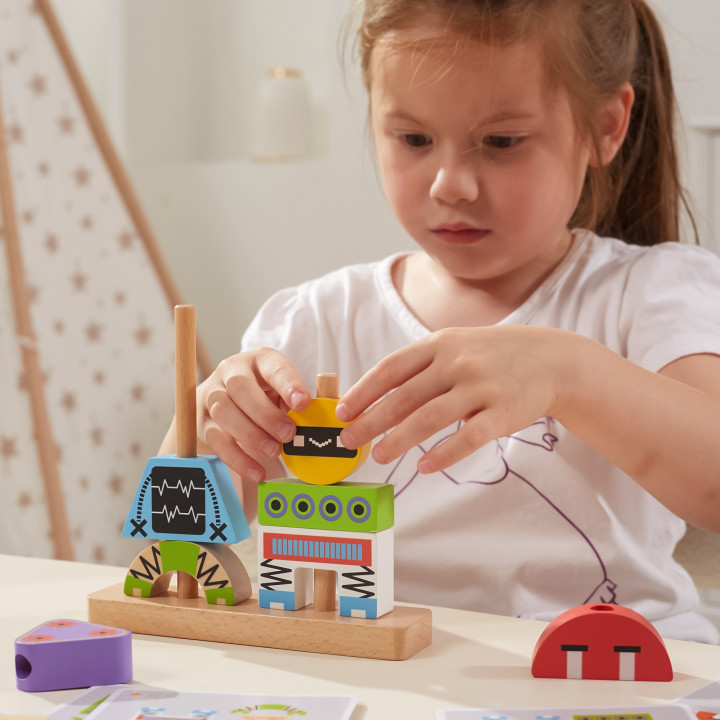 VIGA Drewniana Układanka Montessori Roboty Piramidka Klocki Edukacyjne