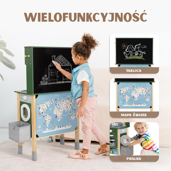 WOOPIE GREEN Drewniana Interaktywna Kuchnia 9w1 z Pralką i Tablicą