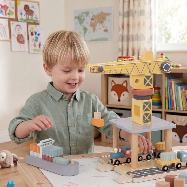 TOOKY TOY Dźwig Portowy Drewniany Zestaw