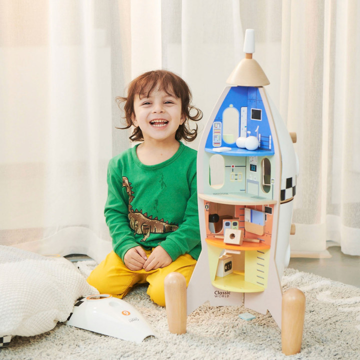 CLASSIC WORLD Drewniana Rakieta Domek dla Dzieci + Figurki 51el.
