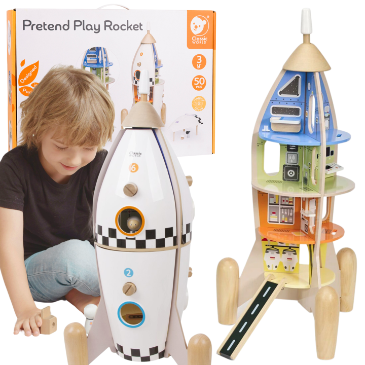 CLASSIC WORLD Drewniana Rakieta Domek dla Dzieci + Figurki 51el.