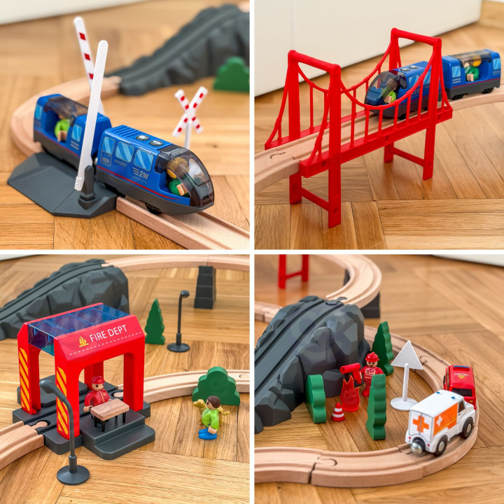 Tooky Toy Drewniana Kolejka Elektryczna Straż Pożarna Efekty Dźwiękowe
