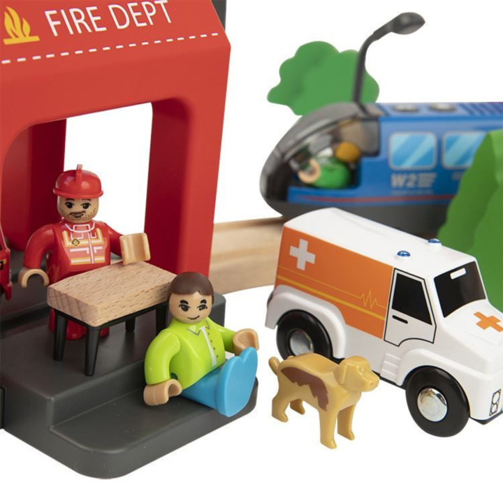 Tooky Toy Drewniana Kolejka Elektryczna Straż Pożarna Efekty Dźwiękowe