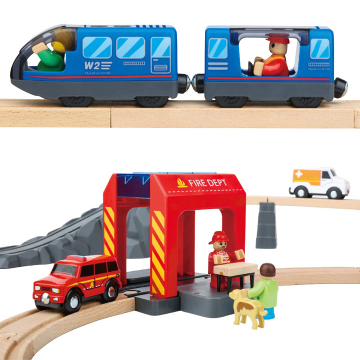 Tooky Toy Drewniana Kolejka Elektryczna Straż Pożarna Efekty Dźwiękowe