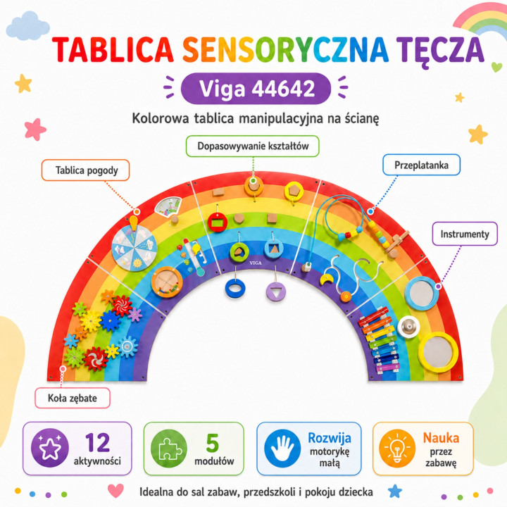 VIGA Drewniana Tablica Sensoryczno-Manipulacyjna EDU Tęcza Certyfikat 