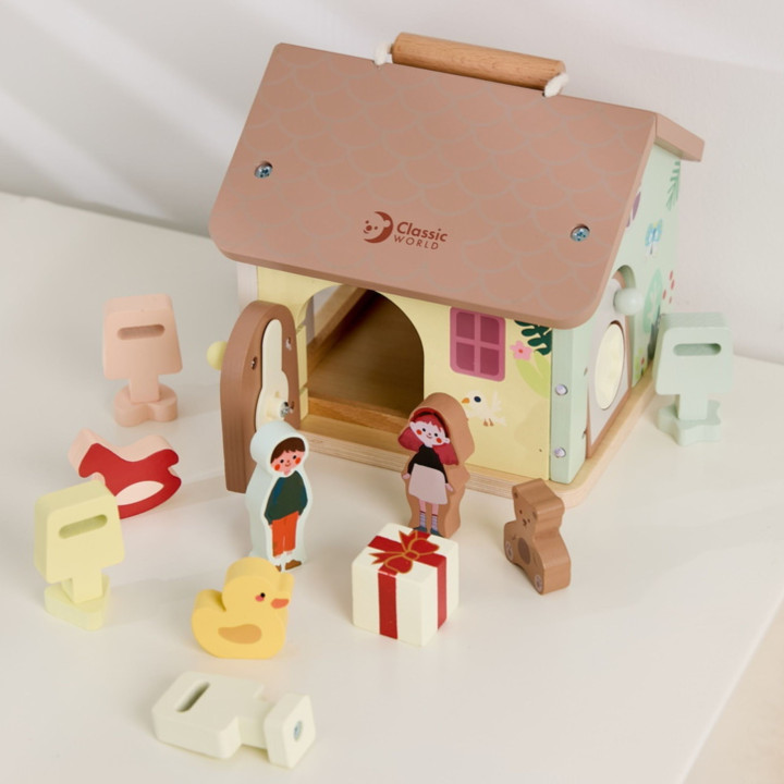 CLASSIC WORLD Drewniany Domek Sensoryczny Edukacyjny z Zamkami Kluczyk