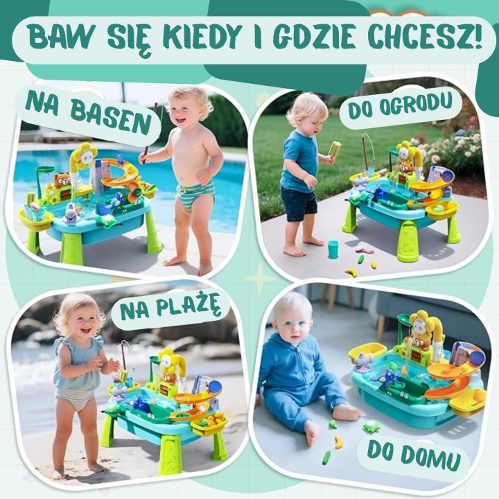 WOOPIE Stolik Wodny 4w1 Gra Łowienie Rybek Zlewozmywak Zjeżdżalnia Wod