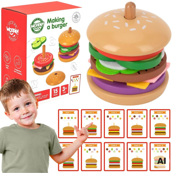 WOOPIE GREEN Drewniany Burger Restauracja Układanka dla Dzieci 15 el. 