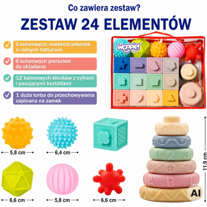 WOOPIE BABY Miękkie Klocki Sensoryczne Gryzaki 23 el.