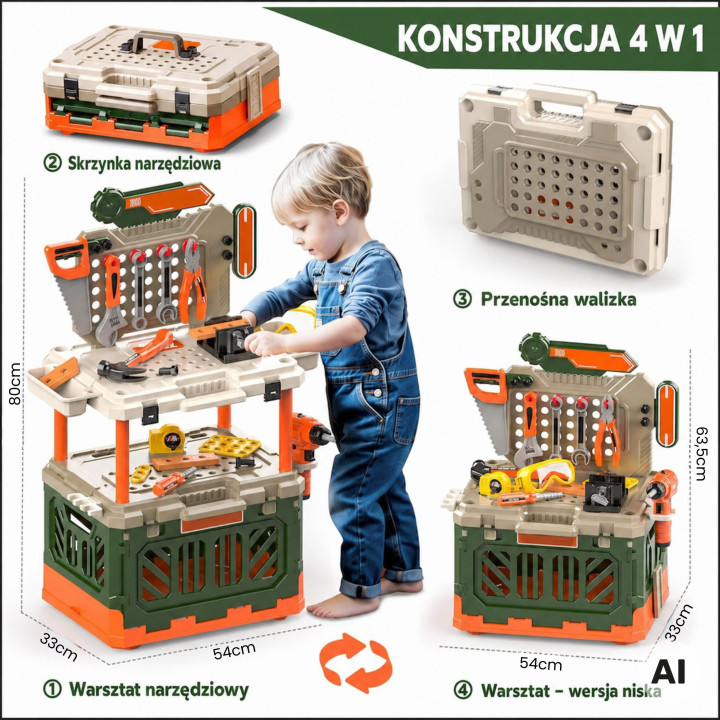 WOOPIE Warsztat 4w1 Zestaw Małego Majsterkowicza Wiertarka na Baterie 