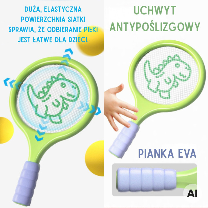 WOOPIE Rakietki do Badmintona Tenisa z Piłką Piankową i Lotką Dinozaur