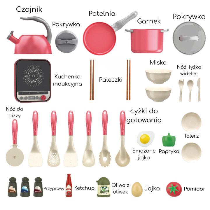 WOOPIE Zestaw Małego Kucharza Indukcja Garnki Patelnia Czajnik Różowy 