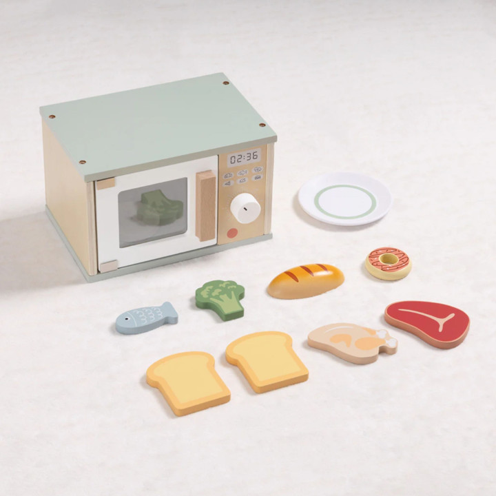 TOOKY TOY Drewniana Kuchenka Mikrofalowa Zestaw Produktów Spożywczych