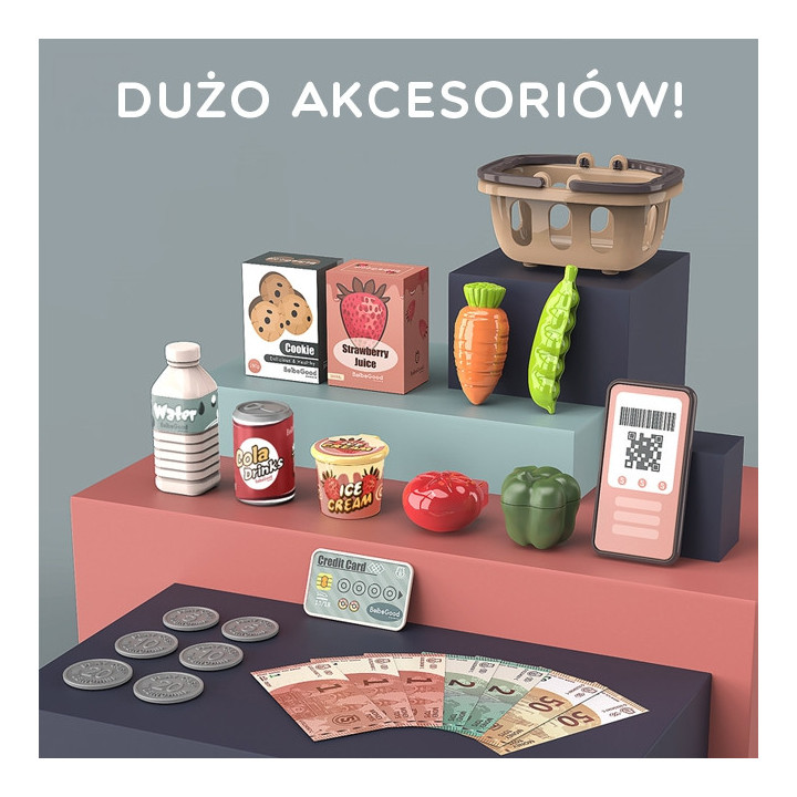 WOOPIE Kasa Sklepowa Dla Dzieci Skaner Waga Mikrofon + 25 Akc.