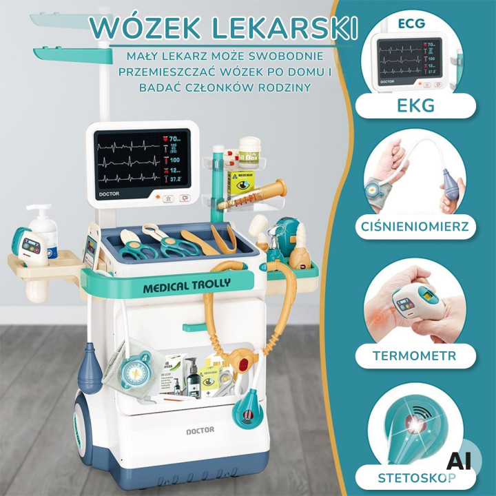 
						WOOPIE Wózek Lekarski Zestaw Mały Doktor EKG Dźwięk Światło Reg