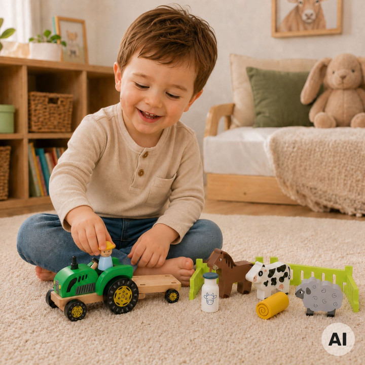 Viga Drewniany Traktor z Przyczepą Figurki Zwierząt Farma Zestaw Eduka