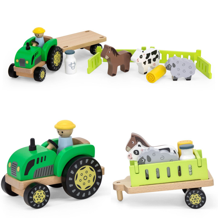 Viga Drewniany Traktor z Przyczepą Figurki Zwierząt Farma Zestaw Eduka