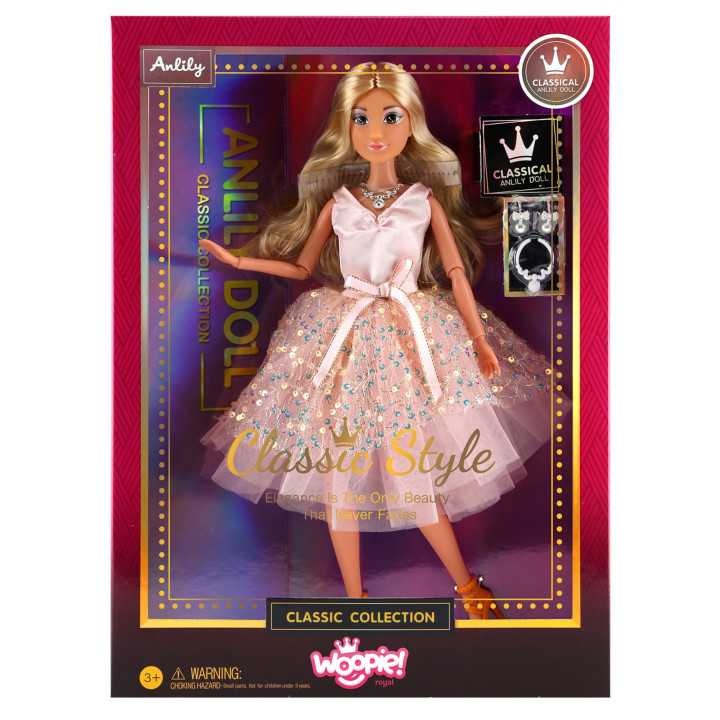 WOOPIE ROYAL Lalka Lily 30 cm Długie Blond Włosy Różowa Suknia Biżuter