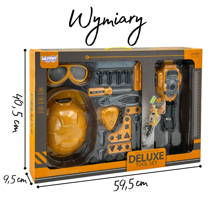 WOOPIE Zestaw Narzędzi Małego Majsterkowicza Gogle Kask Młot Pneumatyc