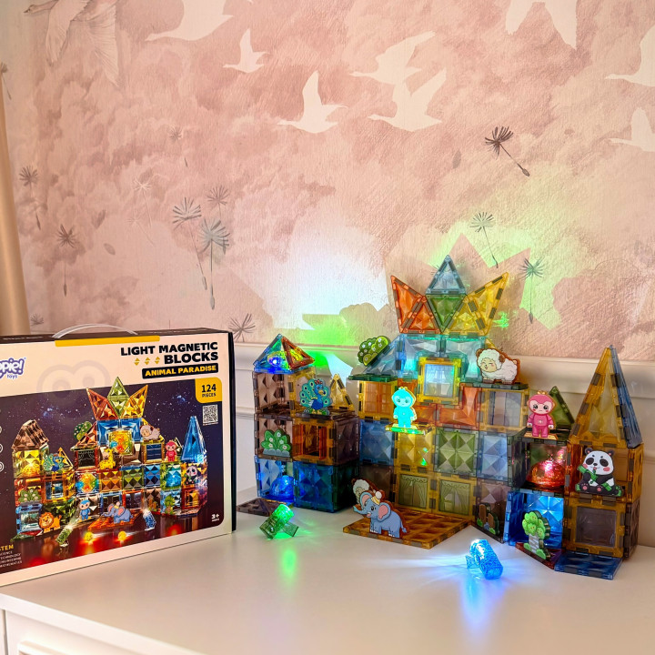 WOOPIE Klocki Magnetyczne Konstrukcyjne Świecące 3D Świat Zwierząt 124