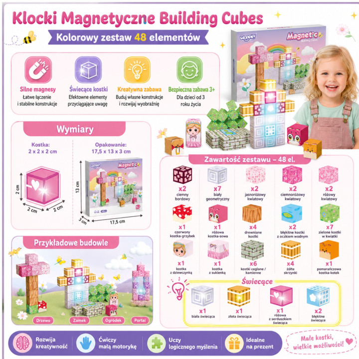 Woopie Klocki Magnetyczne Kostki 48 el Montessori Edukacyjna Układanka