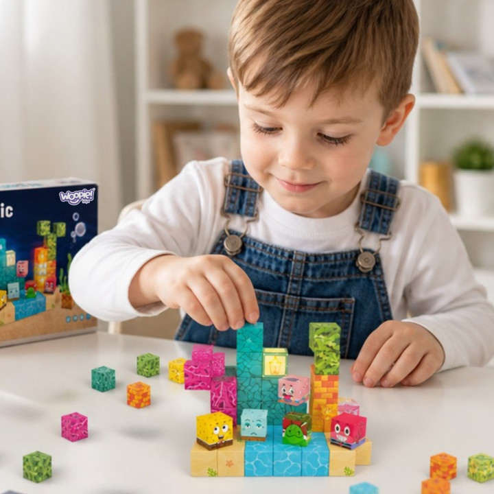 Woopie Klocki Magnetyczne Kostki 54 el Montessori Ocean Układanka Gra 