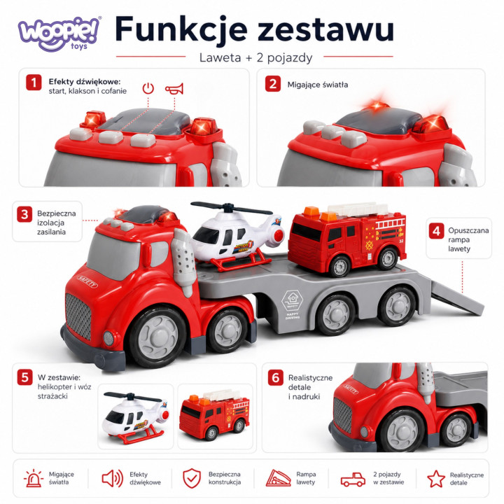 WOOPIE Czerwona Laweta Straży Pożarnej City Truck Efekty Dźwiękowe i Ś