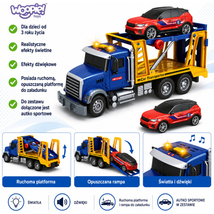 WOOPIE Laweta Ciężarówka Transporter Z Autkiem Światło Dźwięk Skala 1: