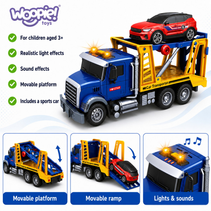 WOOPIE Laweta Ciężarówka Transporter Z Autkiem Światło Dźwięk Skala 1:
