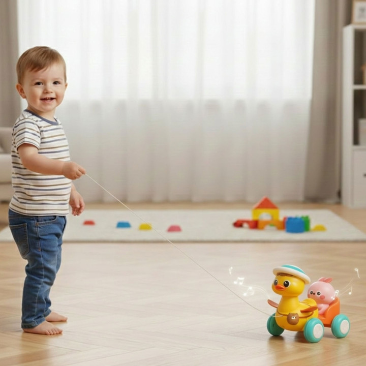 WOOPIE BABY Żółta Kaczuszka z Różowym Króliczkiem w Przyczepce do Ciąg