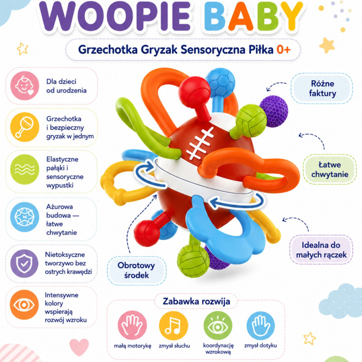 WOOPIE BABY Grzechotka Gryzak Sensoryczny Piłka dla Niemowląt Edukacyj