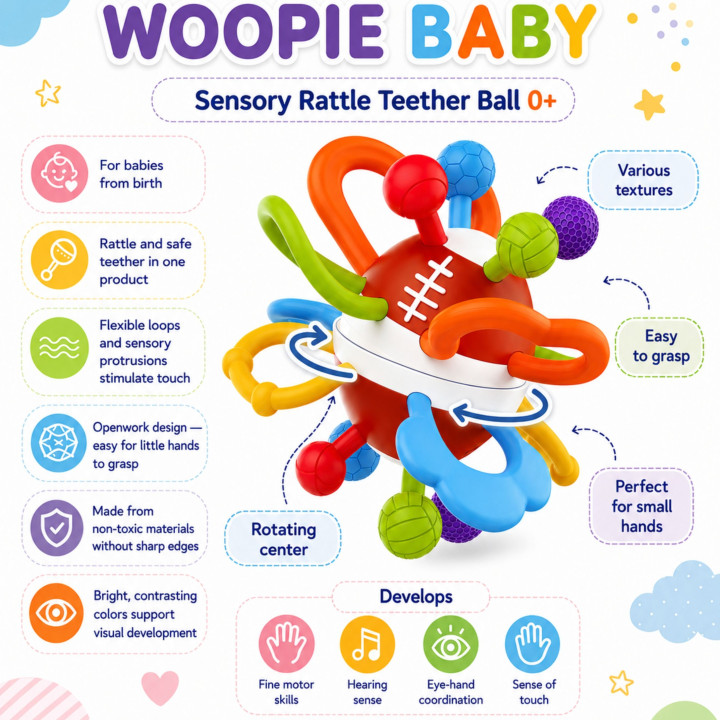 WOOPIE BABY Grzechotka Gryzak Sensoryczny Piłka dla Niemowląt Edukacyj