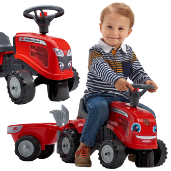 FALK Traktorek Baby Massey Ferguson Czerwony z Przyczepką + akc. od 1-
