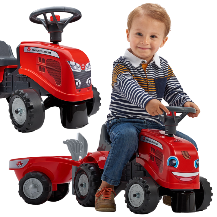 FALK Traktorek Baby Massey Ferguson Czerwony z Przyczepką + akc. od 1-