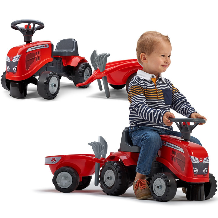 FALK Traktorek Baby Massey Ferguson Czerwony z Przyczepką + akc. od 1-