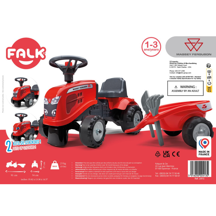 FALK Traktorek Baby Massey Ferguson Czerwony z Przyczepką + akc. od 1-