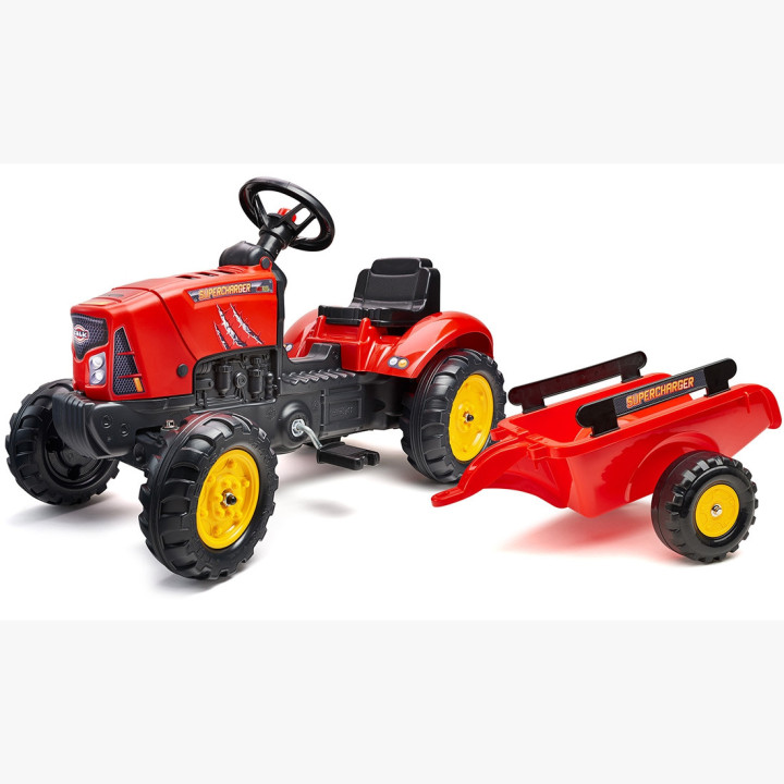 FALK Traktor na Pedały Supercharger z Przyczepą i Otwieraną Maską Czer