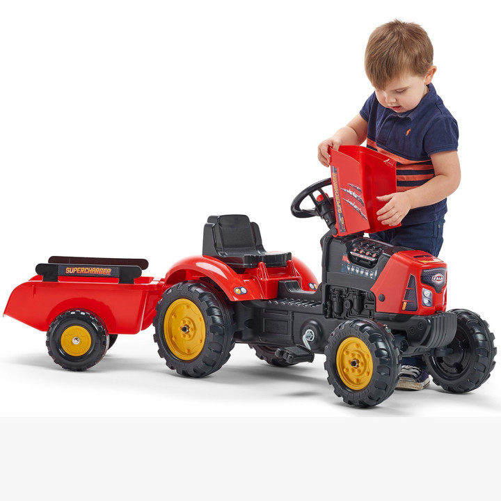 FALK Traktor na Pedały Supercharger z Przyczepą i Otwieraną Maską Czer