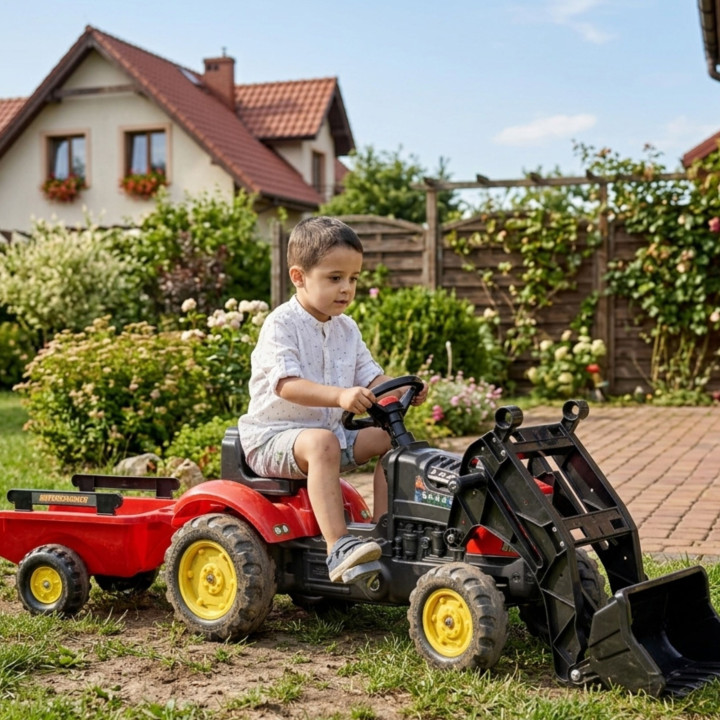 FALK Traktorek Supercharger Czerwony Otwierana Maska z Przyczepką + Ły