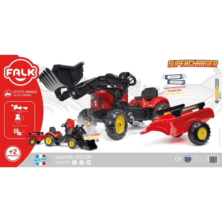 FALK Traktorek Supercharger Czerwony Otwierana Maska z Przyczepką + Ły