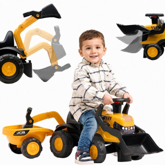 FALK Jeździk Traktor JCB z Przyczepą Grabkami i Łopatką Ciche Koła 1-3
