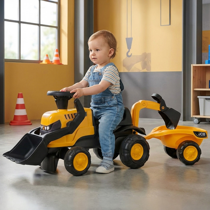 FALK Jeździk Traktor JCB z Przyczepą Grabkami i Łopatką Ciche Koła 1-3