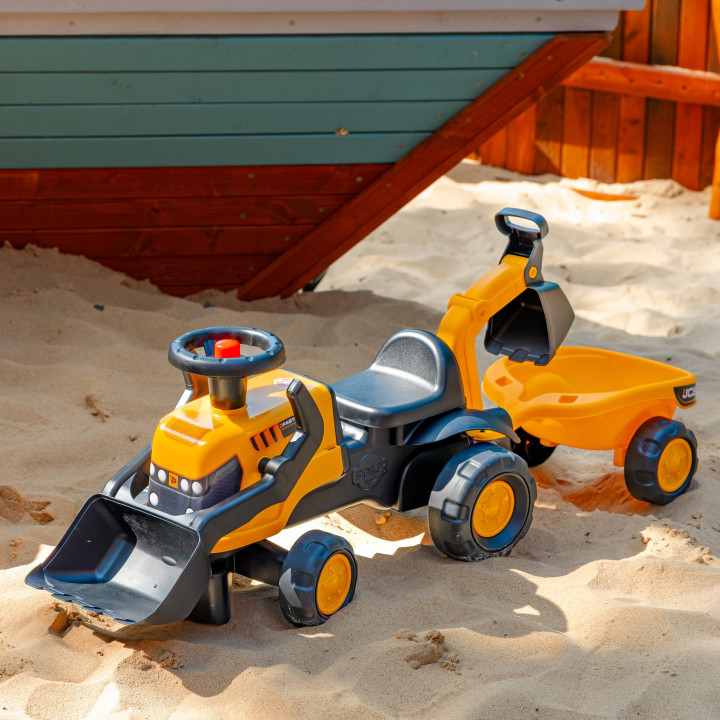 FALK Jeździk Traktor JCB z Przyczepą Grabkami i Łopatką Ciche Koła 1-3