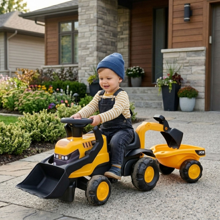 FALK Jeździk Traktor JCB z Przyczepą Grabkami i Łopatką Ciche Koła 1-3