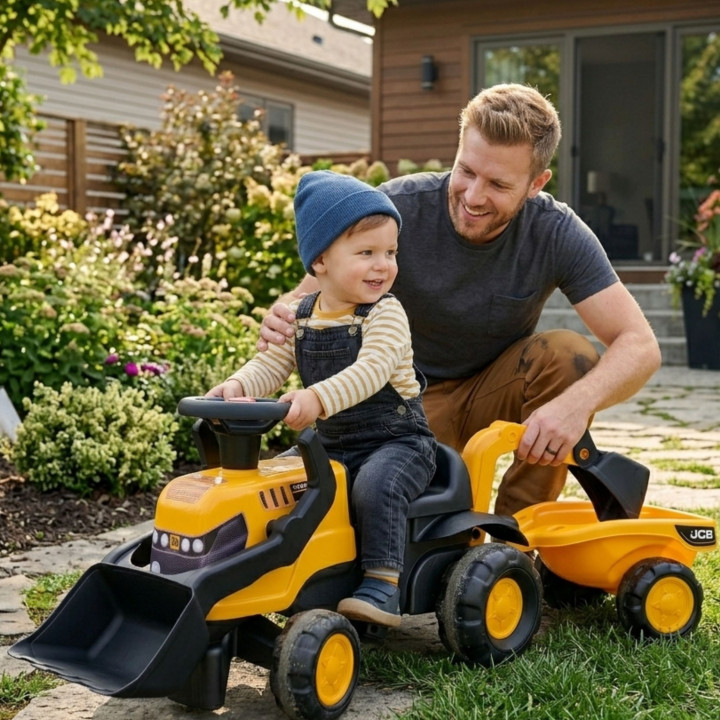 FALK Jeździk Traktor JCB z Przyczepą Grabkami i Łopatką Ciche Koła 1-3