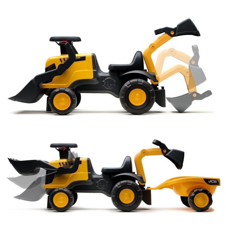 FALK Jeździk Traktor JCB z Przyczepą Grabkami i Łopatką Ciche Koła 1-3